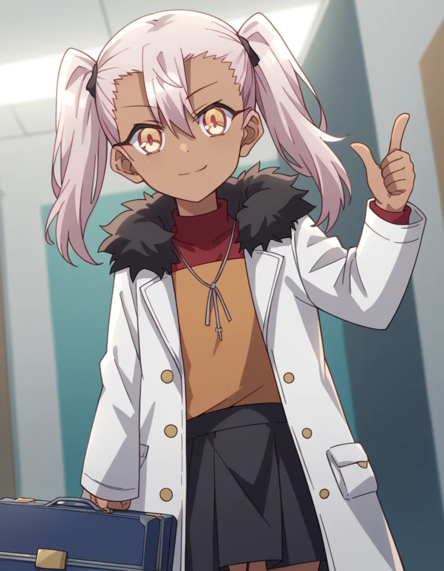 score_9, score_8_up, score_7_up, source_anime, <lora:chloe-von-einzbern-prisma-s2s3-ponyxl-lora-nochekaiser:1>,, chloe von einzbern, long hair, hair between eyes, yellow eyes, pink hair, dark skin, dark-skinned female,, twintails, skirt, coat, fur trim, white coat,, airport, waiting area, suitcase, flight delayed, passengers, reading book, smile, looking at viewer, hand showing a thumbs up, solo,, cowboy shot, dutch angle