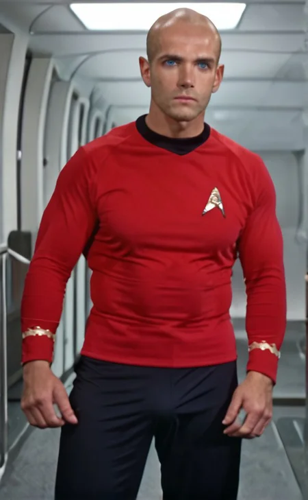1boy, 20 year old male, Handsome, masculine, blonde, star trek, red shirt, muscle, tall, tight shirt, wide pectorals, big shoulders, wide shoulders, muscular neck, German, standing at attention, bald, big pale blue eyes, abs, biceps, serious facial expression, phaser, hand, long bulge in his pants,
1960 black dress pants, pants,
stunf, star trek uniform, uss enterprise ncc-1701 interior background, star trek, space ship interior, 1960s TV,