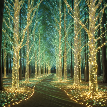 masterpiece, best quality, <lora:add-detail-xl:1> <lora:ArsMorph_-_World_of_Light_-_SDXL:1> arsworldoflight A forest of light trees, each trunk and branch a twisting strand of illumination. Leaves are translucent color shifts, casting prismatic shadows on the glowing ground.
