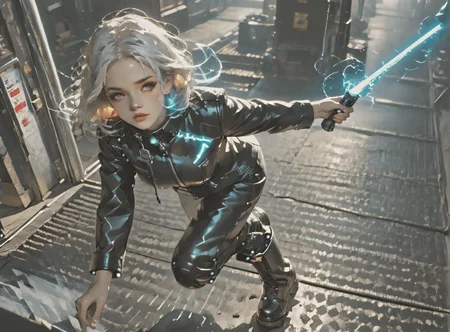 score_9, score_8_up, score_7_up, Fighting scene, shot from above, looking up against all odds, 1girl, pale skin, medium breasts, <lora:sm0k3XLP:1>, <lora:goth_clothes:1>, Black leather jacket, black leather pants, black riding boots, white highlights, Shoulder length hair, unnatural haircolor, <lora:_sdxl-gaming-pony:1>, <lora:0779 science fiction world_v1_pony:1> ruanyi0779, science fiction, neon lights, cable, industrial pipe,