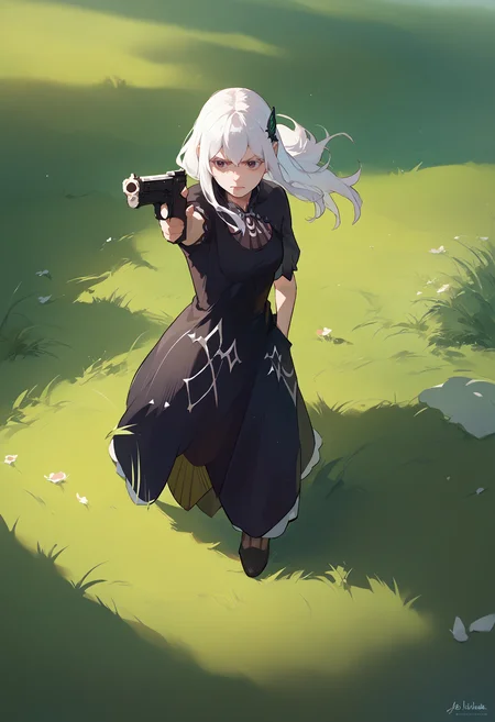 score_9, score_8_up, score_7_up, holding weapon, holding gun, handgun, hand in pocket, aiming, <lora:YusufDikecGunPose_pdxl_Incrs_v1:1>, 1girl, outdoors, grass, <lora:Echidna PonyXL Anzhc v1.6:1>, echidna, original dress, black dress,