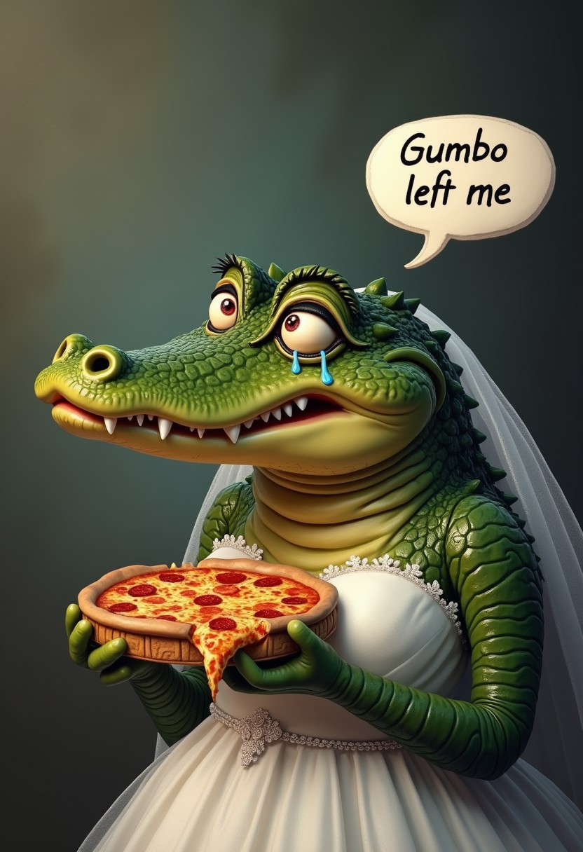 photorealistic, 8k, masterpiece, highest quality,
A crying alligator wearing a wedding dress, crying, holding a slice of pizza, a speech bubble saying "Gumbo left me", ((tears dropping from eyes)), Sad alligator, looking at viewer, (((CRYING))), (((TEARY))),