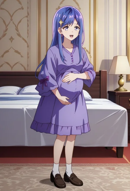 score_9, score_8_up, score_7_up, best quality, masterpiece, 4k, perfect lighting, very aesthetic, anime, anime coloring, official art, anime screencap,
OverallDetail, fFaceDetail,
bedroom, happy, huge pregnant belly, hand on belly,
Maha, long hair, blue hair, purple eyes, hair ornament,
full body,
<lora:Pregnant Bump:1>