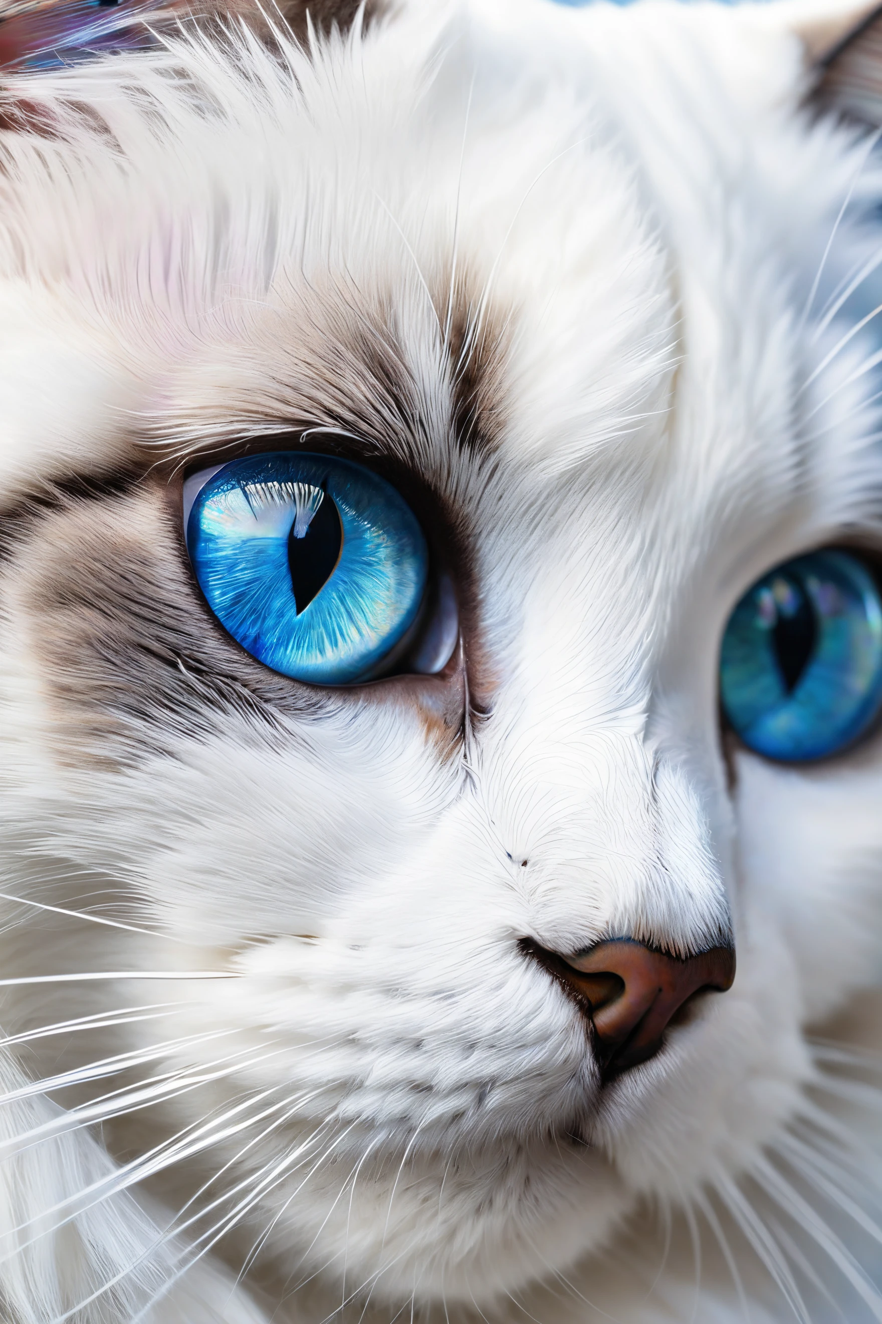 colorful fractal <lora:colorful_04_colorful_fractal:0.9>,
closeup portrait of a young (white:1.1) white black ragdoll cat stalking with beautiful blue and navy blue iridescent multi-shaded eyes, round eyeballs,highly detailed, viewed from the side, focus on eyes, background out of focus, chiaroscuro,
amazing, beautiful, breathtaking, astonishing, brilliant,