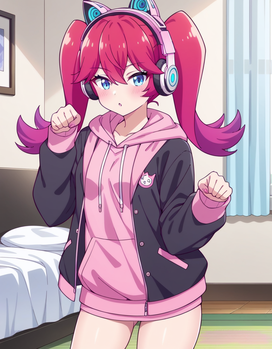 score_9, score_8_up, score_7_up, source_anime, uncensored, <lora:StS_detail_slider_v1:3>, zPDXLxxx, <lora:Amelia_Irving_PONYXL_VexVexX:1>, AmeliaIrving, blue eyes, red hair, long hair, twintails, bangs, hair between eyes, small breasts, hoodie, pink hoodie, jacket, open jacket, black jacket, headphones, animal ear headphones, cat ear headphones, cowboy shot, bedroom, from back, Practice a yoga pose such as the tree pose or the warrior pose, thighs, looking at view