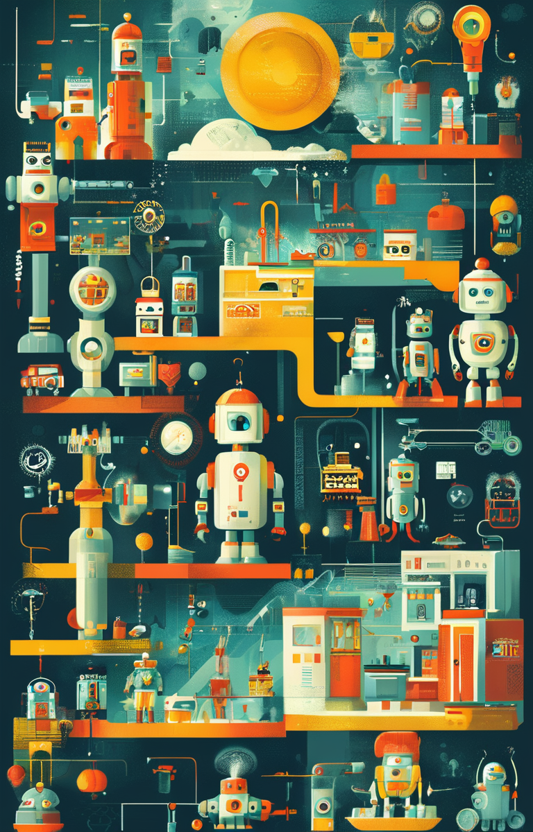 masterpiece,best quality,<lora:tbh245-sdxl:0.9>,illustration,style of Infographic portrait of Housework robots