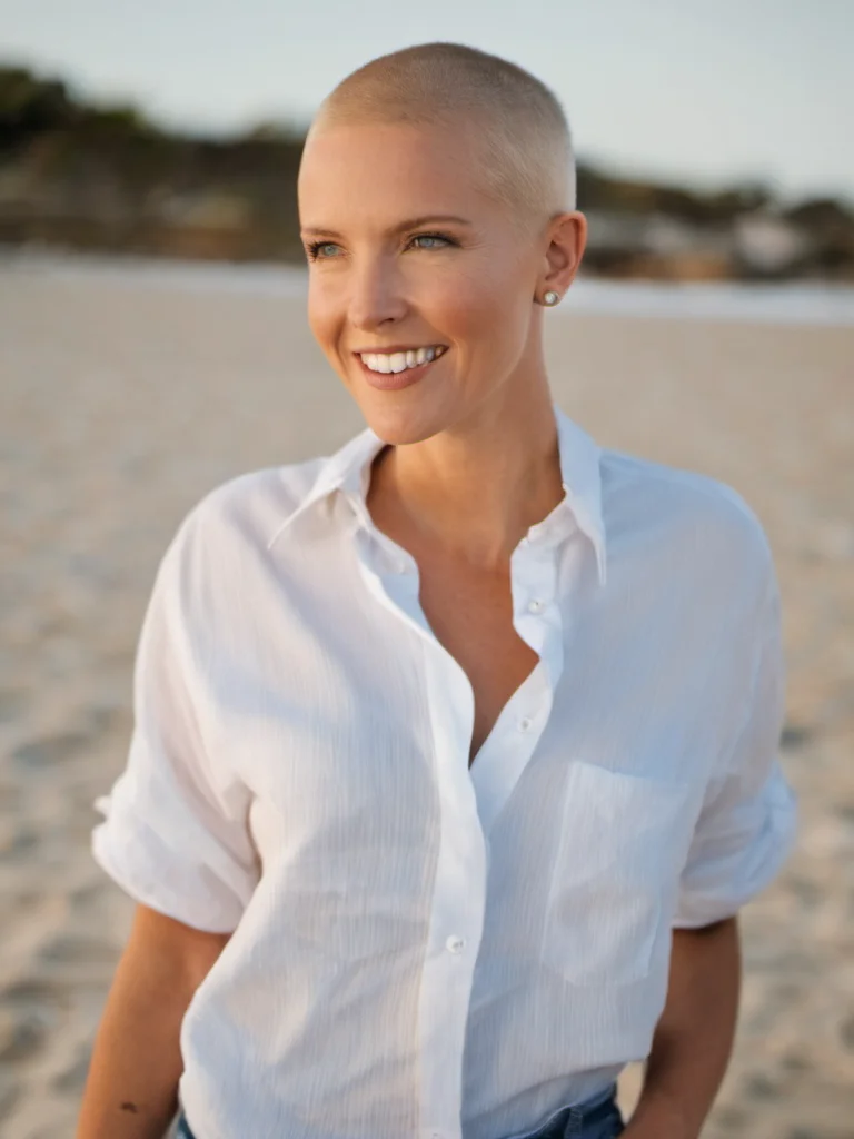 woman, suedish, smiling, (looking away:1.7), fair skin, surprised<lora:A_SHort_Cut_v3_SDXL:1.1>(very short hair:1.5), (buzz cut:1.2), blonde hair, blue eyes, on the beach, white shirt, sunny day