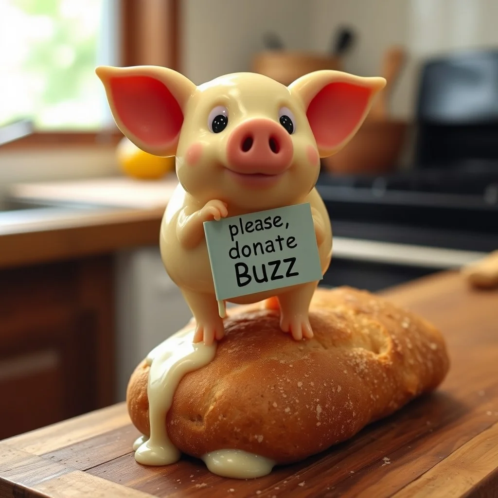 a cute tiny pig made out of melting butter, with a little flag on it with the words „please donate Buzz“, standing on top of a crusty bread in a kitchen