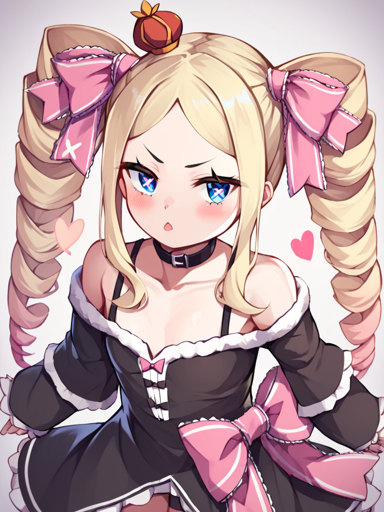 score_9,score_8_up,score_7_up,<lora:beatrice_(re_zero):1>,twin_drills, megumin_\(cosplay\), beatrice_\(re:zero\), pink_ribbon, black_dress, 1girl, black_choker, solo, hair_ribbon, mini_crown