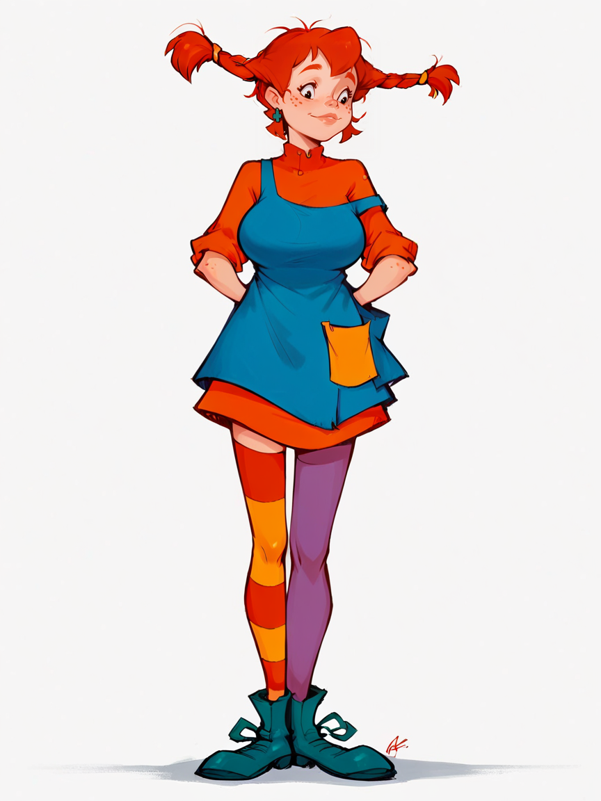 score_9, score_8_up, score_7_up, score_6_up, score_5_up,  <lora:PippiXLP:1> twin braids, pippi, 1girl, solo, orange hair, freckles, multicolored legwear, dress, large breasts,