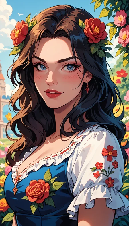 score_9, score_8_up, score_7_up, (Western Comics), girl, cute, flirty model, seductive, innocent, with backside wearing a dress with flower pattern, dark fantasy, colorful, (flowered arch background), (Portrait photo), (depth of field), (dynamic angle), (ultra detailed, high quality texture), (sharp), (artistic image)