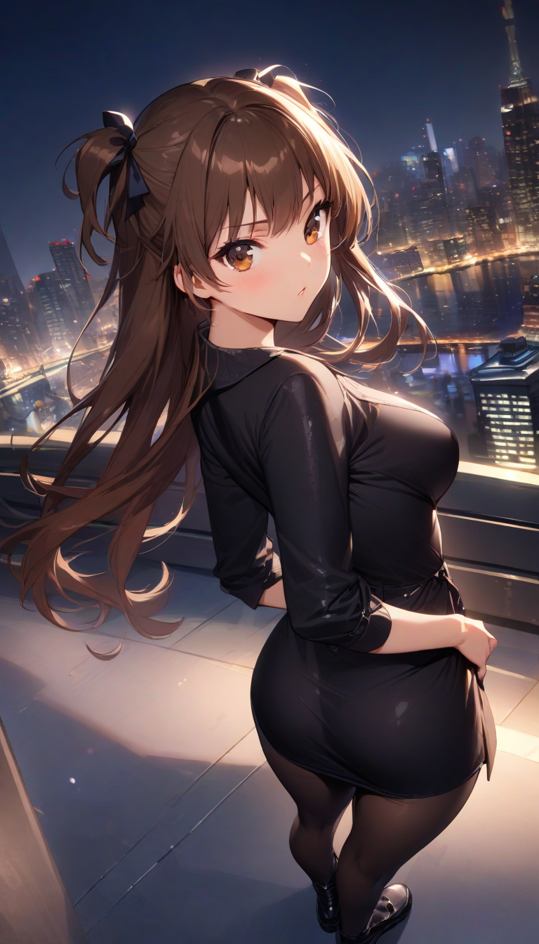 (masterpiece),(best quality),(ultra-detailed),(best illustration),(best shadow),(absurdres),(detailed background),(very aesthetic), rina_ogata, 1girl, breasts, dress, brown eyes, brown hair, two side up, solo, black dress, long hair, armpits, pantyhose, jacket, hands behind back, full body, night city background, looking at viewer<lora:XL-RinaOgata:1>