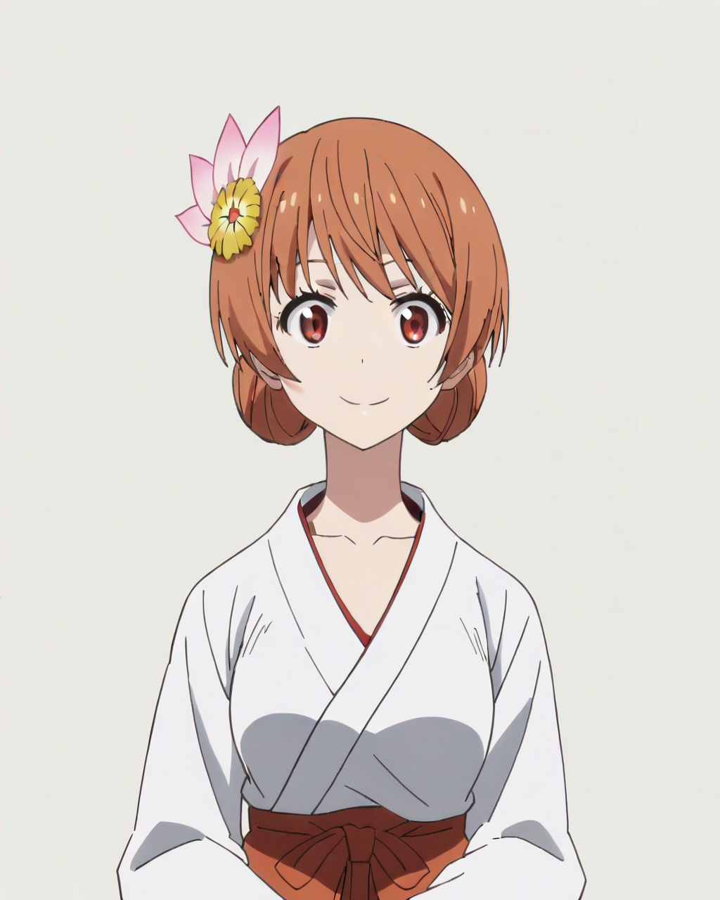 score_9, score_8_up, score_7_up, best quality, masterpiece, anime, anime screencap, anime coloring, looking at viewer, 1girl, solo, upper body, simple background, solid white background, <lora:marika-nisekoi:0.8>, marika tachibana, hair flower, japanese clothes, miko, hakama skirt, collarbone, hair up, smile