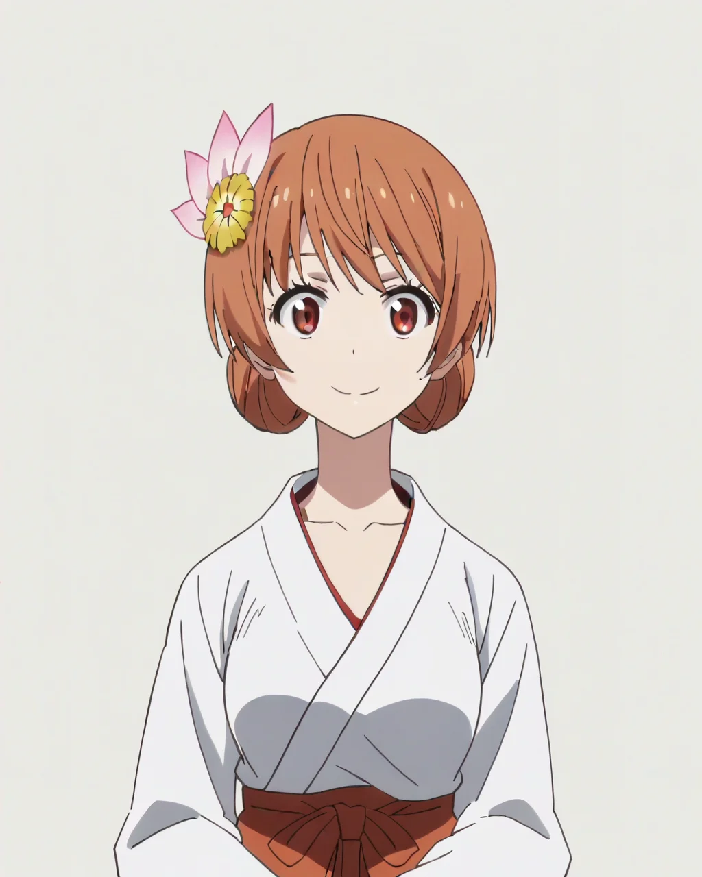 score_9, score_8_up, score_7_up, best quality, masterpiece, anime, anime screencap, anime coloring, looking at viewer, 1girl, solo, upper body, simple background, solid white background, <lora:marika-nisekoi:0.8>, marika tachibana, hair flower, japanese clothes, miko, hakama skirt, collarbone, hair up, smile
