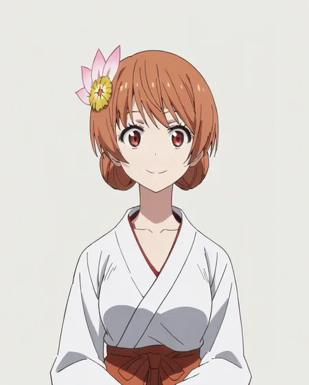 score_9, score_8_up, score_7_up, best quality, masterpiece, anime, anime screencap, anime coloring, looking at viewer, 1girl, solo, upper body, simple background, solid white background, <lora:marika-nisekoi:0.8>, marika tachibana, hair flower, japanese clothes, miko, hakama skirt, collarbone, hair up, smile