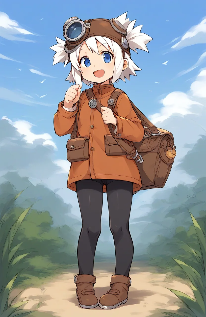 score_9, score_8_up, score_7_up, source_anime, rating_explicit, BREAK <lora:Pratty_XL:1> Pratty, blue eyes, short hair, goggles, white hair, short twintails, hair through headwear, brown headwear,
solo, pantyhose, full body, open mouth, smile, tachi-e, black pantyhose, long sleeves, bag,
outdoor, sky,