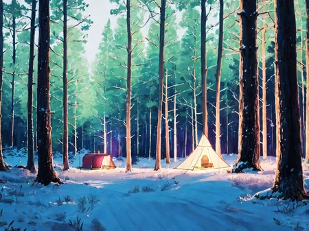 (8k, best quality, masterpiece:1),(best quality:1.0), (ultra highres:1.0), a lone campfire in the middle of the woods, smooth lines, luminous bright design, pastel colors, (ink), extremely detailed, 4k, beautiful