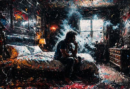 extreme realism, dark bedroom scene, man sitting on a bed, mist, horror, film grain, strong backlight, smoke background, high detail, realistic photography, movie style portrait, viginette, 8k quality, fair contrast