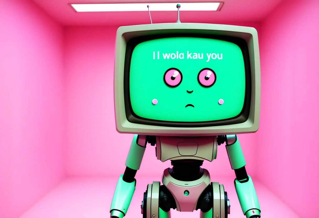 A CRT TV-faced robot displays the message "I will kill you".