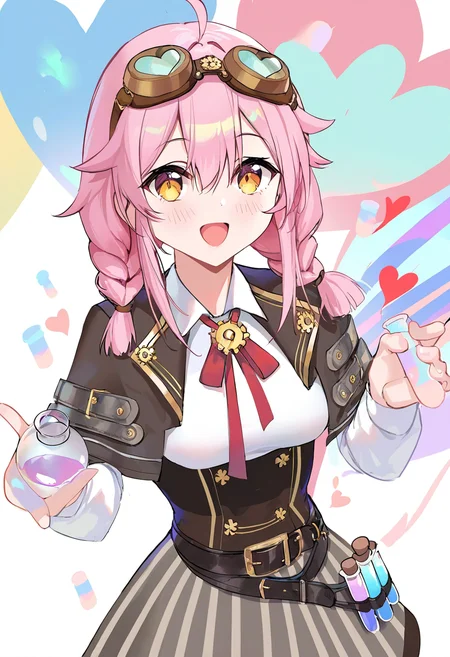 1girl,ace taffy,pink hair,goggles on head,solo,virtual youtuber,belt,striped skirt,smile,ahoge,long sleeves,skirt,corset,ribbon,white shirt,vertical-striped clothes,red ribbon,neck ribbon,vertical-striped skirt,medium hair,braid,capelet,brown eyes,heart,:d,vial,twin braids,flask,hair between eyes,yellow eyes,test tube,steampunk,striped clothes,
(tianliang duohe fangdongye:0.6),(wlop:0.3),(ciloranko:0.4),(kani biimu:0.3),(ningen mame:0.6),(momo no sukebe:0.7),omone hokoma agm,atdan,
newest,absurdres,highres,masterpiece,best quality,year 2024,
<lora:taffy_NoobVpred10:1>,