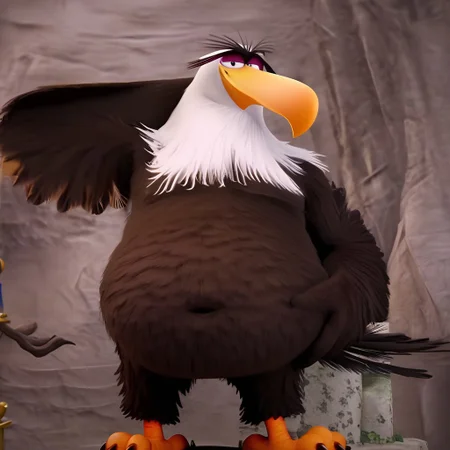 Mighty Eagle, brown feathers, feathers, bird, eagle, purple eyelids, feathered hands, big feathered hands, bird tail, winged arms, white head, white head feathers, feathered head, tired, eyebags, small pupils, white sclera, large eyebrows, large beak, long yellow beak, short legs, large feet, talons, obese, big belly,
3D, male focus, solo, navel, love handles, ((solo)), smiling, smile, smiling at viewer, looking at viewer, smile, standing, arm behind head,