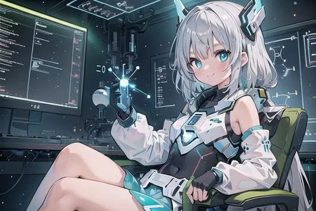 (masterpiece), (science fiction:1.4), 1girl, sitting, smile, silver hair, aqua eyes, headgear, long sleeves, detached sleeves, glowing energy clothing, light particles
