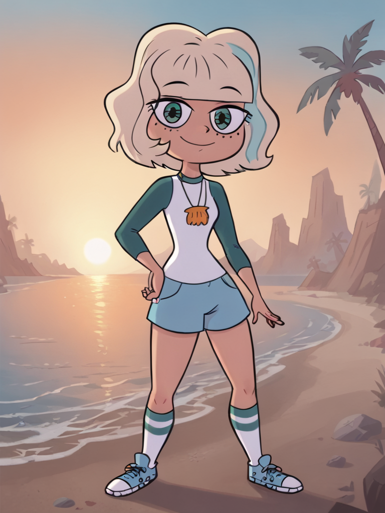 <lora:JackieLPony1.0:0.8> jackiel, blonde hair, 1girl, green eyes, solo, multicolored hair, short hair, shirt, shell necklace, bangs, long sleeves, blue shorts,smile,  socks,sneakers,standing,beach, sunset,    looking at viewer, score_9,<lora:Smooth Anime Style LoRA XL:1> toon \(style\),