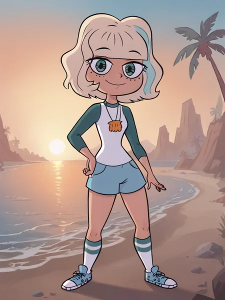 <lora:JackieLPony1.0:0.8> jackiel, blonde hair, 1girl, green eyes, solo, multicolored hair, short hair, shirt, shell necklace, bangs, long sleeves, blue shorts,smile, socks,sneakers,standing,beach, sunset, looking at viewer, score_9,<lora:Smooth Anime Style LoRA XL:1> toon \(style\),
