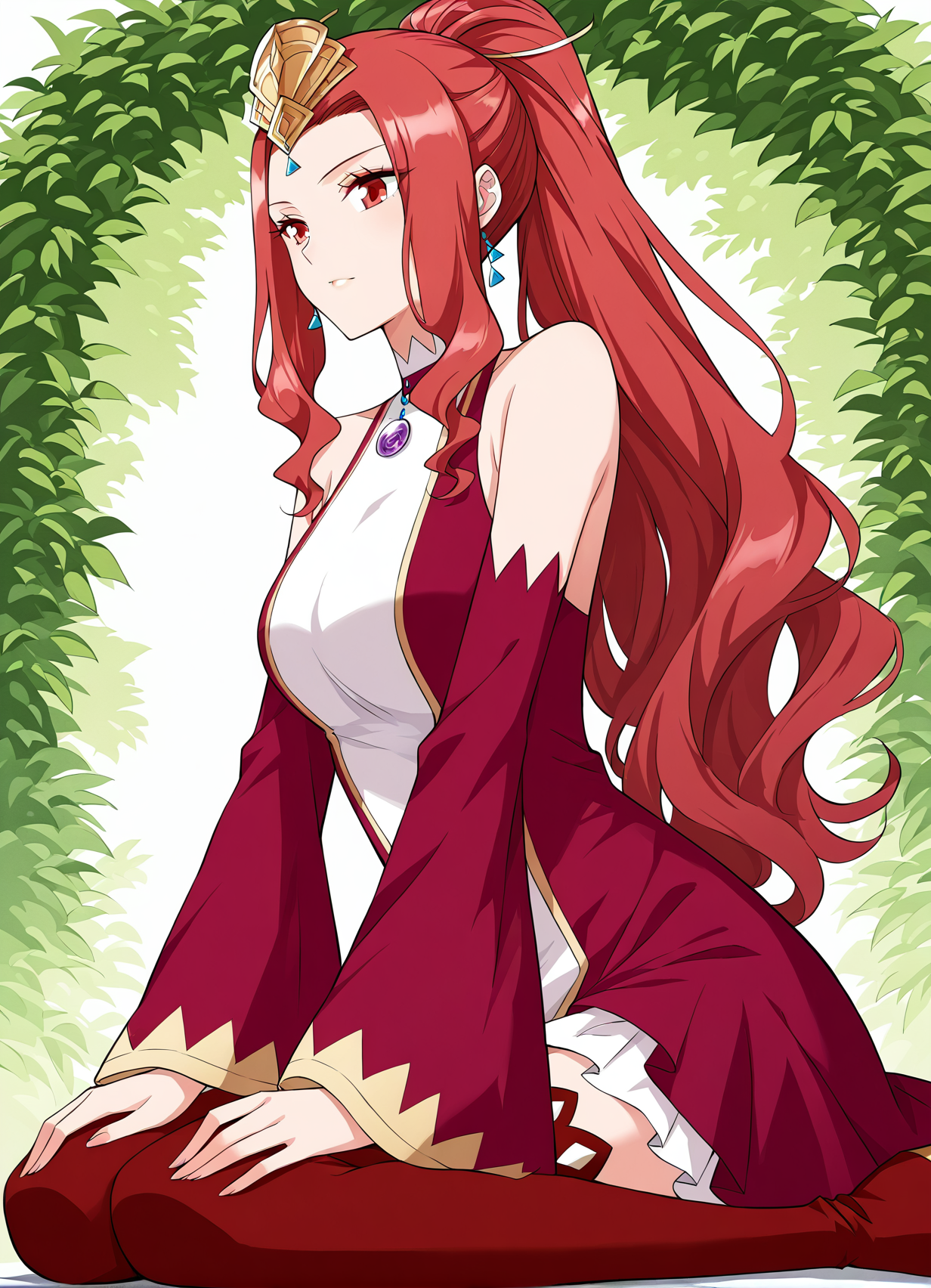 <lora:Cao_Ying__Battle_Through_the_Heavens__Illustrious:1>
1girl, solo, red eyes, sharp eyes, long hair, high ponytail, red hair, ahoge, hair ribbon, hair ornament, wavy hair, sidelocks, anime style, 
fantasy outfit, ornate dress, sleeveless dress, off shoulder, high collar, flared sleeves, asymmetrical skirt, short dress, wide sleeves, detached sleeves, red sleeves, red thighhighs, thigh boots, red boots, fantasy outfit, ornate dress, gemstone necklace, tiara,forehead jewel, earrings, elegant, royal, fantasy girl, 
score_9, score_8_up, score_7_up, masterpiece, best quality, absurdres, perfect anatomy, 1girl, solo, wariza, sitting, hands on own knees, garden background