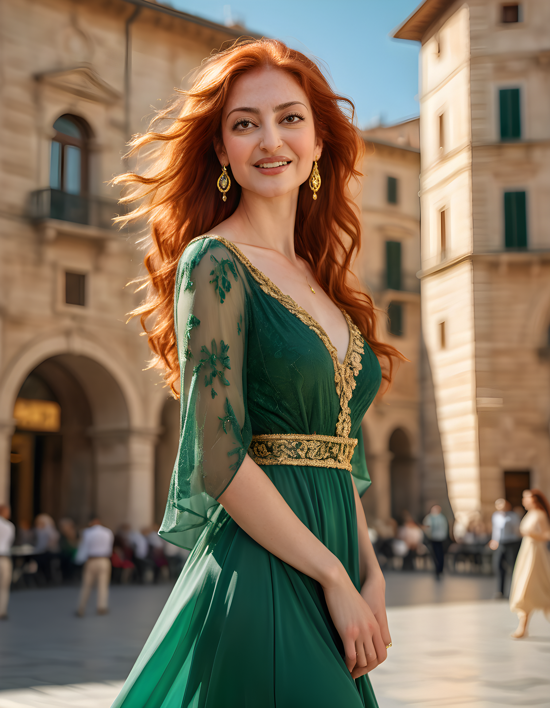 In a vibrant, sunlit Italian piazza during the afternoon, a striking red-haired woman named AM832RRB, adorned with delicate gold earrings and wearing a flowing, emerald green dress that complements her fiery locks, takes a pause from strolling. She stands tall and poised, gazing directly at the viewer with captivating brown eyes, her full lips slightly parted in an enigmatic smile. The background reveals the picturesque architecture of the piazza, with warm stone buildings bathed in golden light, and a splash of azure sky visible above. A gentle breeze rustles the woman's dress, adding a sense of movement to this captivating close-up portrait.