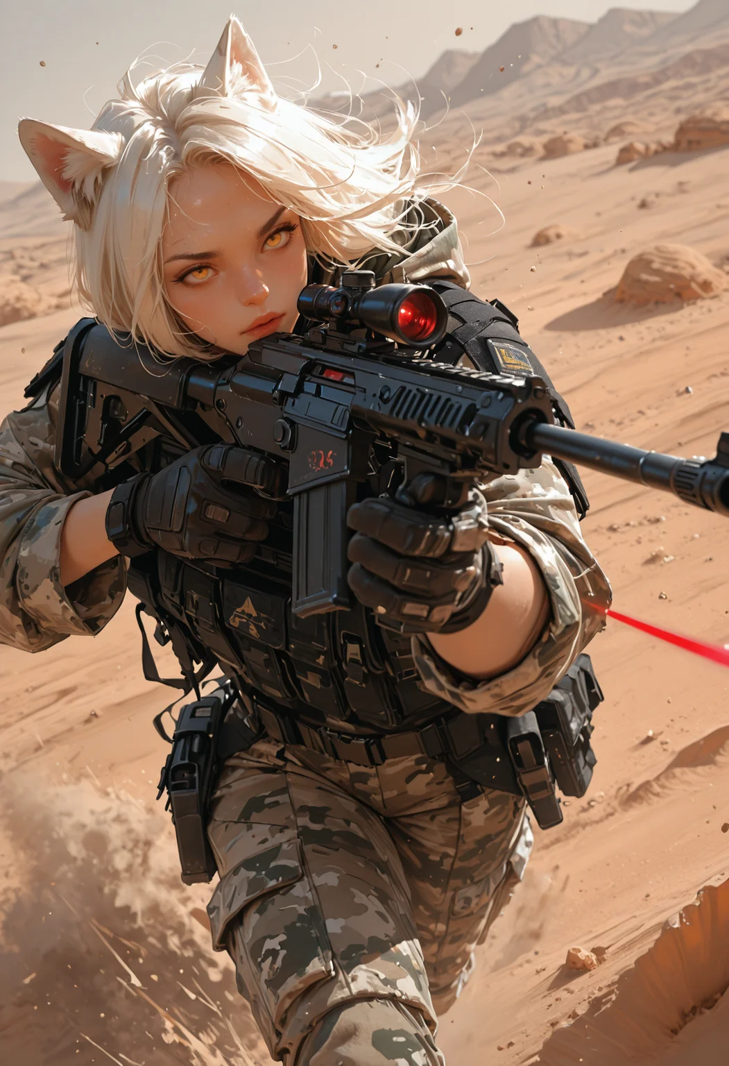 masterpiece, best quality,high quality, newest, highres,8K,HDR,absurdres, 1girl, solo, wolf ears, sniper rifle, camo cloak, tactical gear, scarred face, piercing yellow eyes, white hair with dark streaks, aiming at target, red laser sight, tactical gloves, mechanical eyepiece, futuristic sniper, high-tech scope, dusty battlefield, limited palette, intense expression, dynamic pose, dramatic lighting, strong depth of field, wind-blown hair, torn fabric, desert landscape, gritty realism, cinematic shot, dutch angle, foreshortening, blurred background, dust particles., detailed background, dynamic pose, dynamic composition,dutch angle, detailed backgroud,foreshortening,blurry edges,
<lora:ppw_v7_animv4_1_r2:0.6> <lora:748cm_illu:0.6> 7481llu <lora:69yottea_illu_v2:0.4> <lora:illustrious_all_rated_v1:0.6> masterpiece, best quality, very aesthetic, <lora:AIã¤ã©ã¹ããããã:0.6>