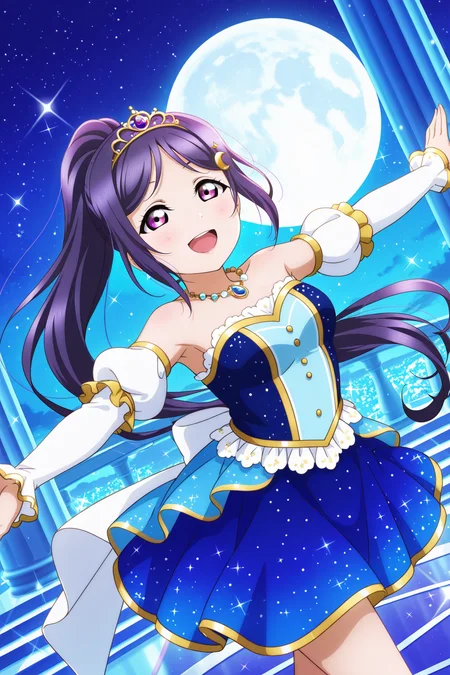 <lora:Love_Live:1>, Love Live, 1girl, purple hair, long hair, solo, purple eyes, detached sleeves, smile, jewelry, open mouth, skirt, moon, necklace, armpits, very long hair, outstretched arms, gem, ponytail, tiara, hair intakes, looking at viewer, blue skirt, sparkle, :d, dancing, standing, white sleeves, puffy detached sleeves, parted bangs, crescent, bare shoulders, long sleeves, sky