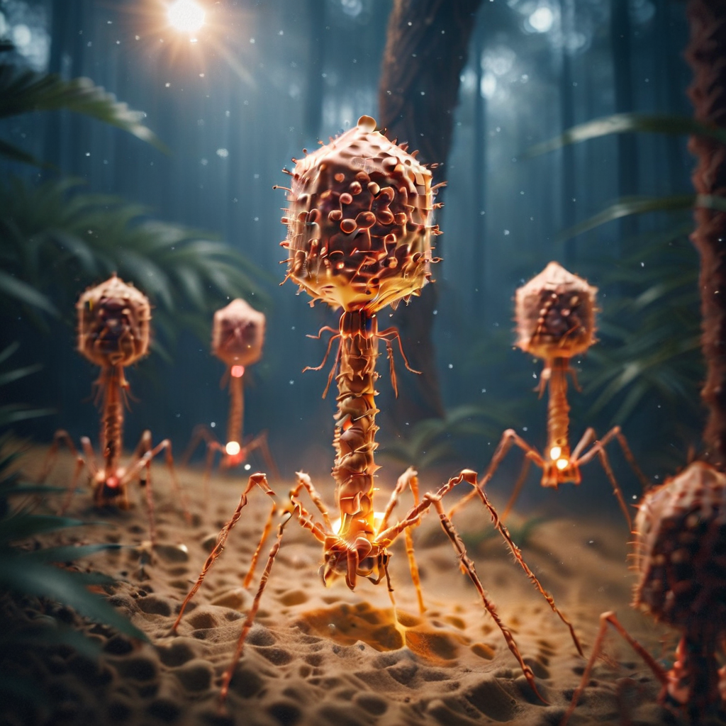 <lora:Phage_XL:1>troop of phage, among the trees in a woody area,