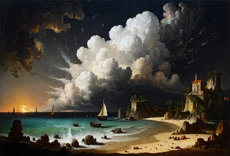 legendary landscape, beach, ocean, (cumulonimbus clouds:1.3), islands, sailboats  <lora:add-detail-xl:0.7> <lora:xl_more_art-full_v1:0.7>  <lora:sdxl/nicola_samori_dark_art_style:0.7> in the style of Nicola Samori