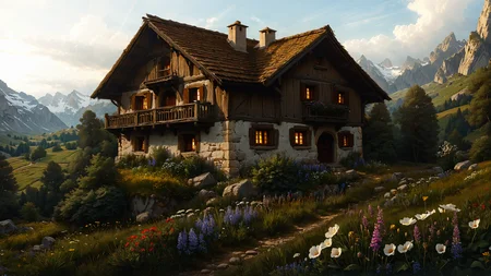 A Swiss mountain chalet surrounded by a field of wildflowers, where the scent of alpine blooms permeates the air,, Lens Flare,, god rays shine upon the landscape, Esdeath, unreal engine, RPG Portrait, trending on artstation, cgsociety, highly detailed, concept art, intricate artwork 8k rendering, octane, redshift rendering, trending on artstation, cgsociety, highly detailed, high quality, sharp focus, front lit, analog detail, luminous, outrun <lora:SDXLFaeTastic2400:0.8> <lora:EnvyFeverDreamXL01a:0.7> <lora:The_Classic:0.8>