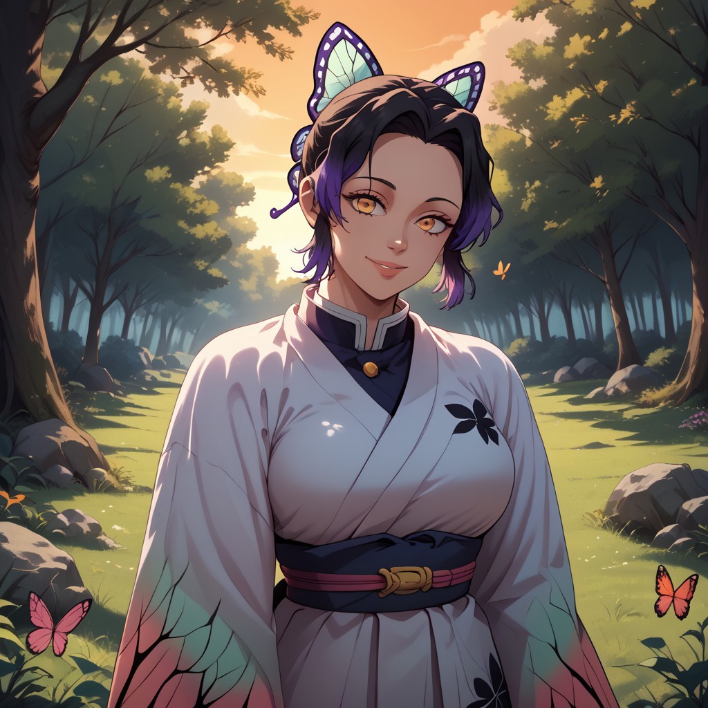 score_9, score_8, BREAK, Shinobu Kochō, (demon slayer, Kimetsu No Yaiba), animal print, black hair, butterfly, butterfly hair ornament, butterfly print, forehead, gradient hair, hair ornament, haori, multicolored hair, parted bangs, purple hair, short hair, two-tone hair,, sexy pose, self portrait, smile, outdoors, sunlight, shadows, evening lighting, natural lighting, forest, trees, grass, orange sky, sunset