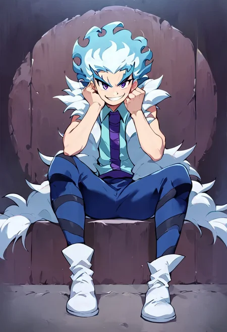 Score_9, Score_8_up, Score_7_up, source_anime, 1boy, luishirosagi, blue pants with black stripes, light blue and white hair, purple eyes, perfecteyes, sitting, dominant pose, sitting, knee raised, fist on cheek, mocking smile, negative_hand,