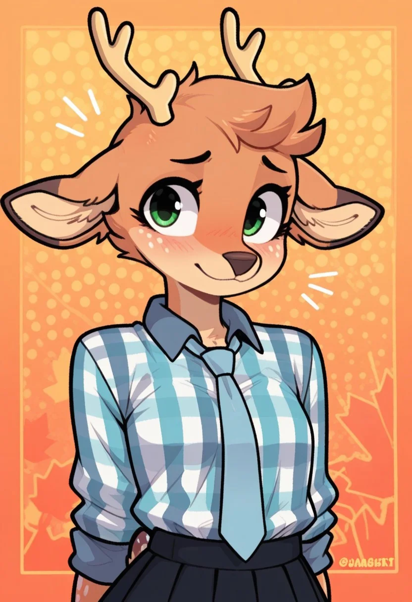 score_9, score_8_up, score_7_up, source_furry, source_cartoon, masterpiece,best quality,amazing quality.
BREAK
maple, deer, furry female, freckles, deer ears, antlers, blue flannel shirt, necktie, skirt, green eyes, small breasts, cute, adorable, sexy, posing. 
BREAK 
portrait, abstract background.