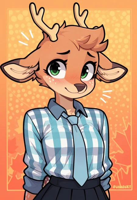 score_9, score_8_up, score_7_up, source_furry, source_cartoon, masterpiece,best quality,amazing quality.
BREAK
maple, deer, furry female, freckles, deer ears, antlers, blue flannel shirt, necktie, skirt, green eyes, small breasts, cute, adorable, sexy, posing. 
BREAK 
portrait, abstract background.