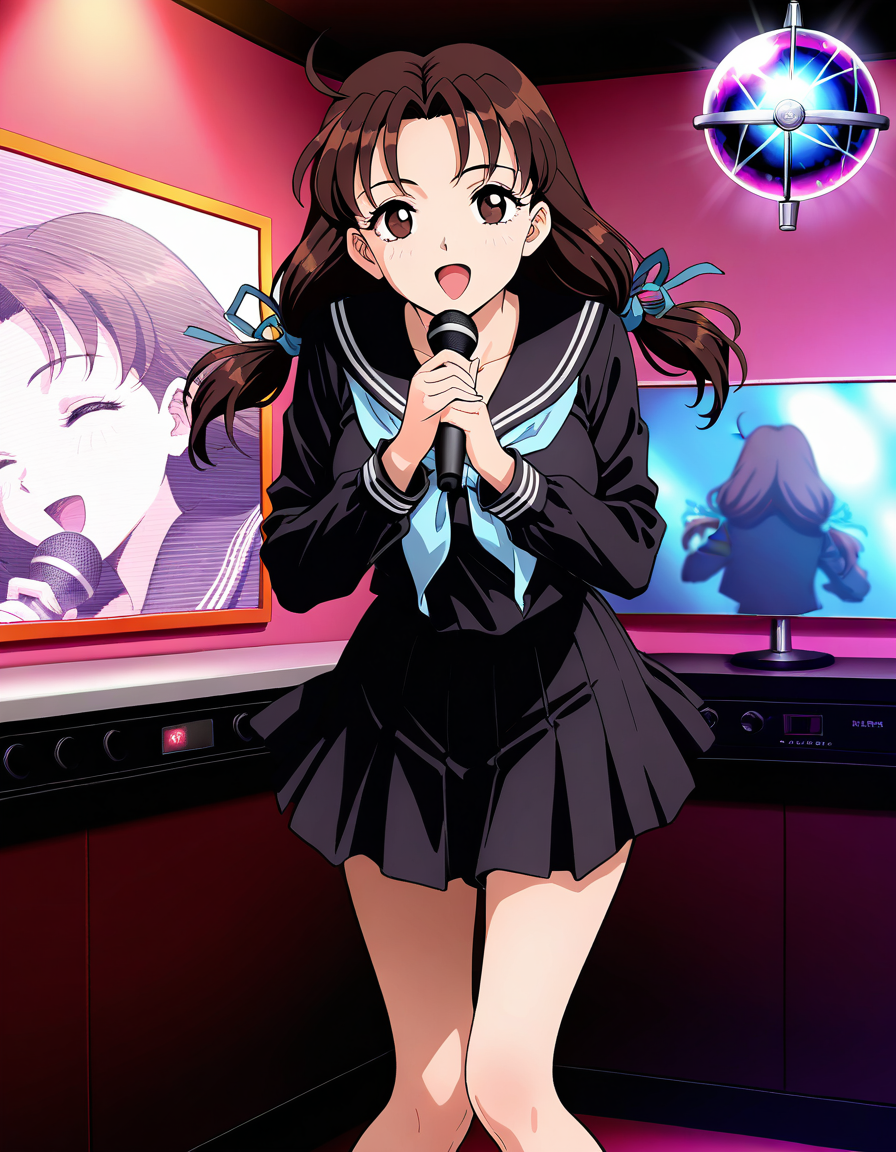 masterpiece, best quality, good quality, <lora:Minegishi_Kyouko_IS:1> 
Minegishi_Kyouko, brown hair, brown eyes, large breasts,long hair, twintails, hair ribbon, blue ribbon,  ahoge, happy,
1girl, solo, school uniform, microphone, singing, music, serafuku, skirt, long sleeves, holding, holding microphone, ribbon, karaoke, looking at viewer, open mouth, black serafuku, standing,
mirror ball, prism,