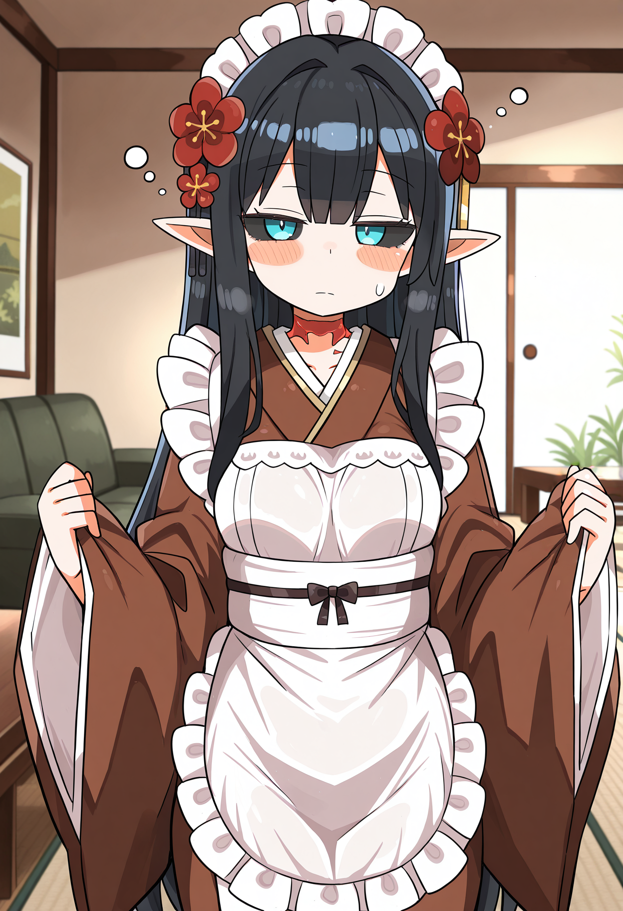 masterpiece,best quality,amazing quality,
solo, 1girl, pointed ears, black hair, long hair, blue eyes, black sclera, colored skin, white skin, red gills on neck, small breasts,
hair ornament, japanese clothes, kimono, hair flower, wide sleeves, wa maid, brown kimono, long sleeves,mouth, maid headdress, red flower,
= =, cowboy shot, blush stickers, open facing viewer, sleepy, living room, five fingers,
<lora:kanikamaIL-style:1>, kanikamastyle,
