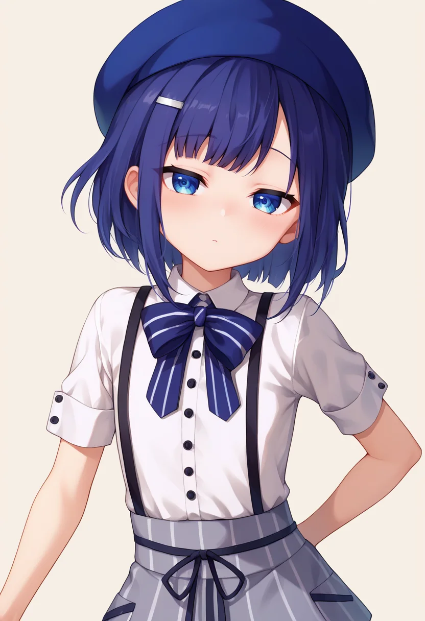 score_9, score_8_up, score_7_up, score_6_up, score_5_up, score_4_up, masterpiece, source_anime BREAK 1girl, ct-fuyu, flat chest, blue hair, short hair, blue eyes, hairclip, blue beret, white collared shirt, short sleeves, striped bow, suspender skirt, beige background, simple background, looking at viewer, blush, upper body, half-closed eyes, <lora:Fuiba_Fuyu_PONY_c:1>