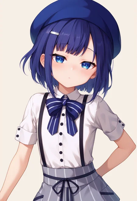 score_9, score_8_up, score_7_up, score_6_up, score_5_up, score_4_up, masterpiece, source_anime BREAK 1girl, ct-fuyu, flat chest, blue hair, short hair, blue eyes, hairclip, blue beret, white collared shirt, short sleeves, striped bow, suspender skirt, beige background, simple background, looking at viewer, blush, upper body, half-closed eyes, <lora:Fuiba_Fuyu_PONY_c:1>
