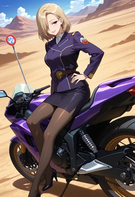 masterpiece, best quality, amazing quality, very aesthetic, absurdres, newest, illustration, perfect composition, intricate details, highres, anime coloring, general, 1girl, solo, rinxx, mature female, purple eyes, blonde hair, short hair, hair over one eye, lips, medium breasts, rinuniform, two-tone jacket, purple military jacket, white collared shirt, long sleeves, emblem, belt, black pencil skirt, pantyhose, high heels, <lora:Suzukaze_Rin_Majestic_Prince_ill:0.8>, dutch angle, seductive smile, parted lips, hand on own hip, looking at viewer, motor vehicle, motorcycle, riding, outdoors, day, desert, sand, road, cloud, mountain, road sign, blue sky, shiny body, shiny skin, skindentation, clear skin, shiny hair, ultra detailed eyes, depth of field, sharp, intricate details, hyperdetailed, ultra-detailed, detailed clothing folds, high contrast, dynamic light