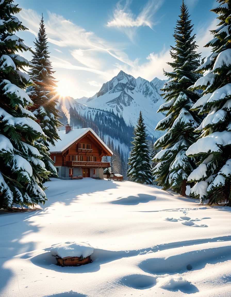A cozy wooden chalet nestled in a serene winter landscape, surrounded by tall, snow-covered pine trees. Warm golden lights glow from the chalet's windows, contrasting with the crisp, cold air of the snowy evening. A thick layer of fresh snow blankets the ground, with a few footprints leading to the wooden front door. Smoke gently rises from the chimney, suggesting a warm fire inside. The sky is a soft twilight blue, with the first stars beginning to appear. In the foreground, a wooden fence partially covered in snow adds to the rustic charm. A small stack of firewood is neatly arranged near the entrance. The atmosphere is peaceful and inviting, evoking a sense of warmth and solitude in the midst of nature. The art style is hyper-realistic with soft lighting and high detail, emphasizing the texture of the wood, snow, and trees.
<lora:SDXLFaeTastic2400:0.4> <lora:extremely_detailed:0.4> extremely detailed, <lora:winter_l4ndsc4p3:1>,winter l4ndsc4p3, Masterpiece,best quality,hi res,8k,hi res,8k,award winning,(sharp focus, intricate, highly detailed),