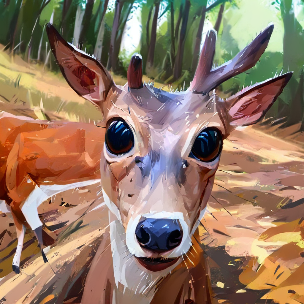fisheye view, deer staring on the camera, great horns, forest on background, caricature, albeniz rodriguez style <lora:albeniz-rodriguez-style-v2:1>