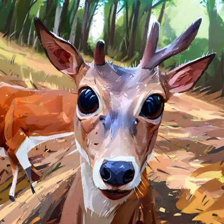 fisheye view, deer staring on the camera, great horns, forest on background, caricature, albeniz rodriguez style <lora:albeniz-rodriguez-style-v2:1>