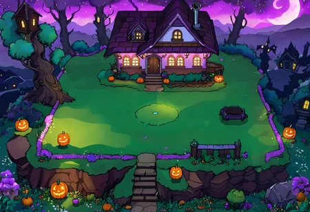 watercolor_(medium), papercraft, cuts, stickers, white_outline, detailed_outline, thick_outline, (houtline:1.2), a magical ground, tileset, rpg_assets, ground_tileset, texture, grass, house, candy_house, purple lights, night, refletion, fontain, sparks, halloween_(theme), rpg_ground, ground_level. top_down_view