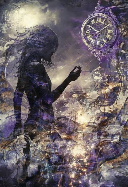 a world inside me, street, epic fantasy, dark fantasy, gritty, real, graffiti, long hair, silhouette, expressionism art, fractals, stopwatch, deep purple and gray, at dusk, cinecolor, (dimmed colors:1.1), hdr, mentixis, linquivera