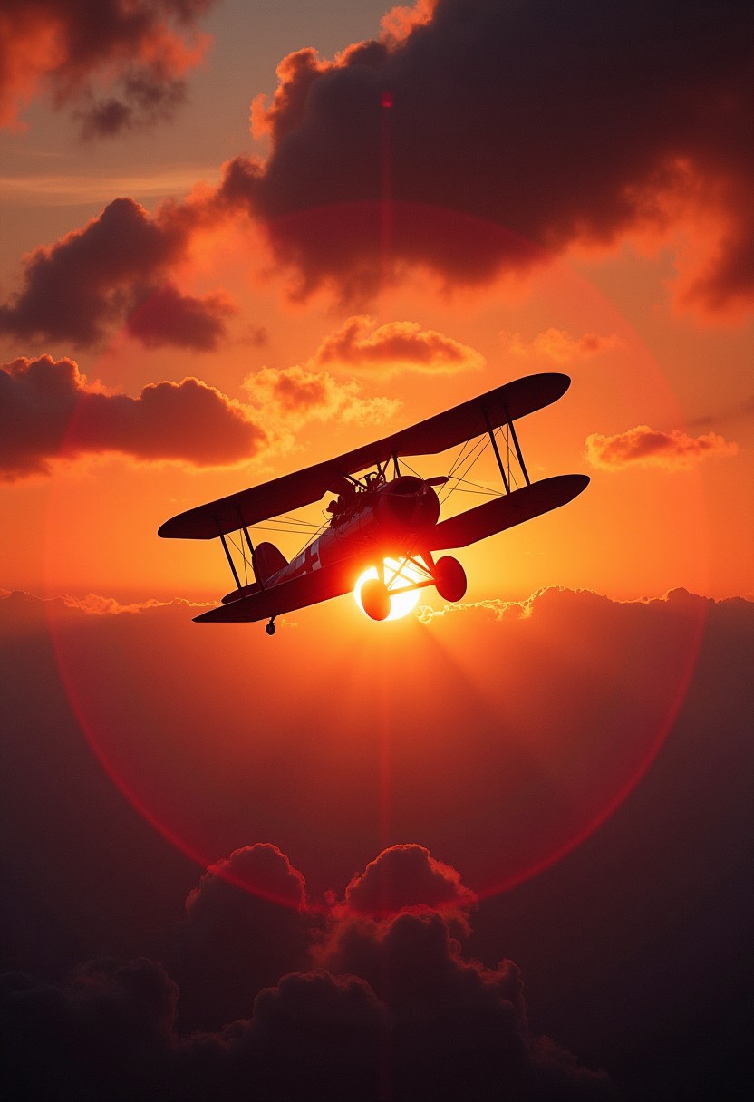 Fokker biplane ww1, red, german world war one cross, vibrant, dynamic, sunset, clouds, masterpiece